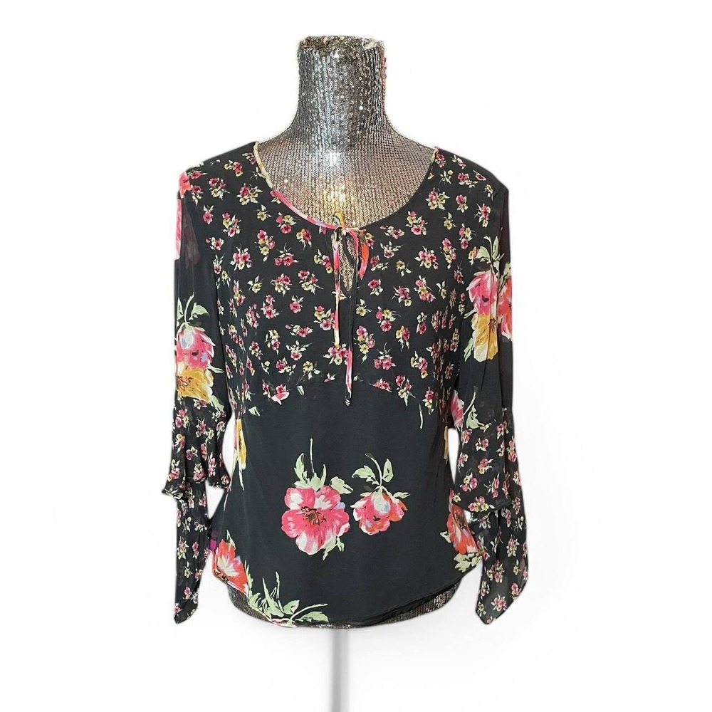 Vintage Y2K Fairy Grunge Silk Floral Top Large Whimsigoth Boho Romantic Gothic
